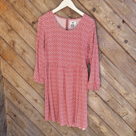 Old Navy Red white floral long sleeve babydoll Long Sleeve Dress medium tall - Picture 1 of 5